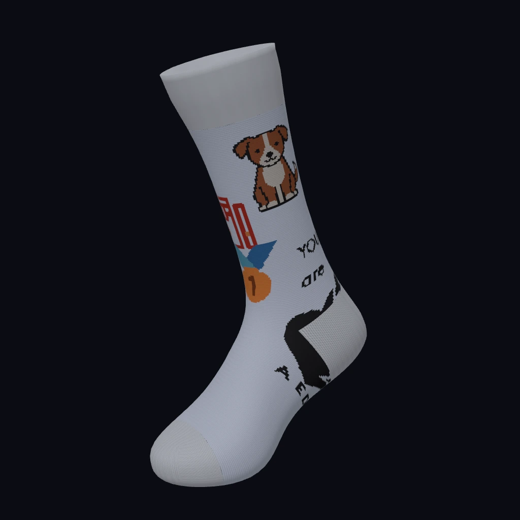Dog medal AED heart sock design with orange and black motifs